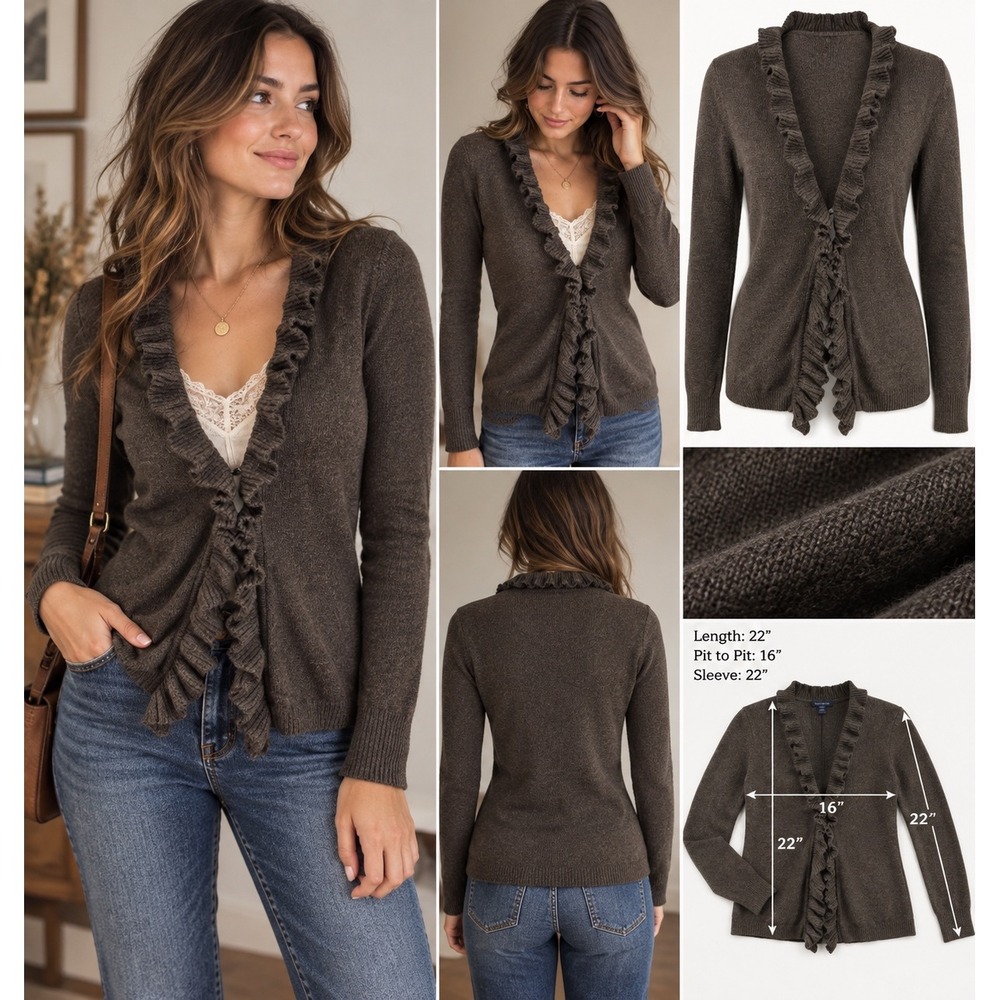 Lands' End XS Petite Brown Ruffle Cardigan Wool Blend Dark Academia Sweater